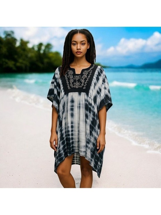 Trendz Other - Tie Dye Beach Coverup Black & White OS (M/L) Blouse Caftan/Kaftan Poncho style